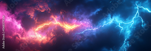 Multi-colored lightning, panorama wallpaper, the beauty of natural phenomena