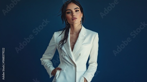 Elegant Woman in White Blazer Against a Deep Blue Background