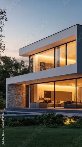 Modern luxury home exterior at dusk with large glass windows, warm interior lighting, lush landscaping, stone accents, and a sleek architectural design nestled in greenery.