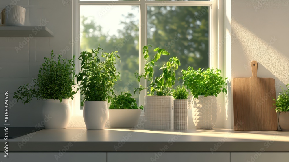 Fototapeta premium Bright kitchen filled with fresh herbs, creating a vibrant and inviting cooking atmosphere.