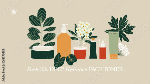 Horizontal composition of minimalist cosmetic products and flowers. Organic cosmetic. 