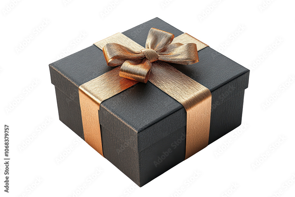 Fototapeta premium Elegant black gift box adorned with a shiny golden ribbon bow ready for celebration
