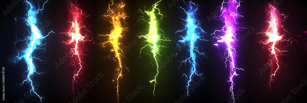 Obraz premium Multi-colored lightning, panorama wallpaper, the beauty of natural phenomena