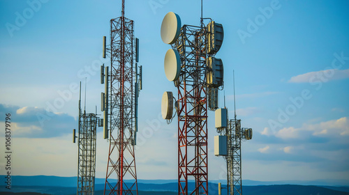 Telephone and microwave towers with tangled cables and a bright sky in the background, Telecommunication tower antenna in morning sky Evening sky.