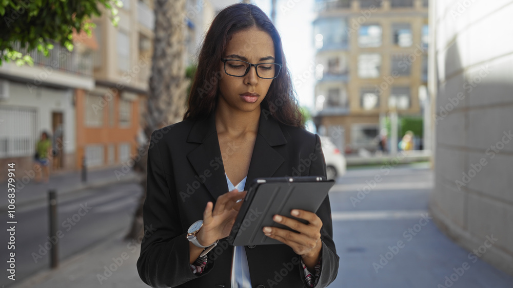Young woman working on a tablet in an urban street setting Young woman working on a tablet in an urban street setting