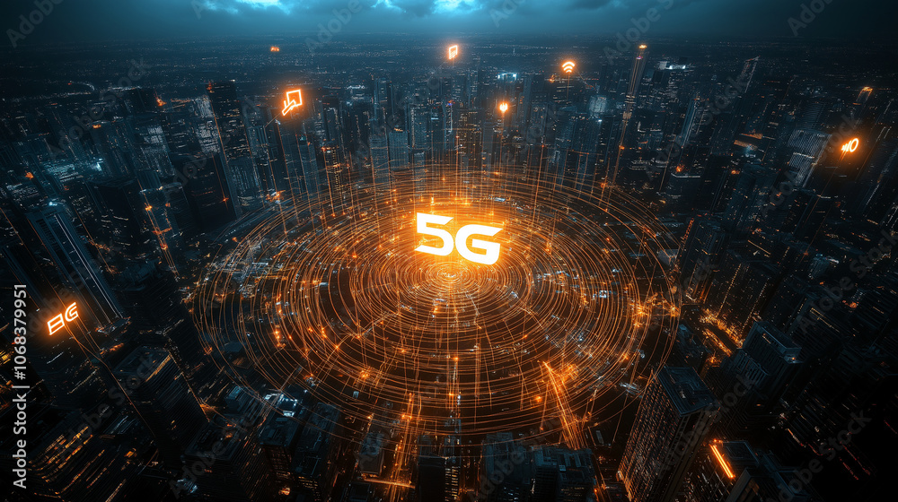 5G Technology Symbol in Cyber City, Abstract light background with fractal patterns, perfect for technology and design concepts. 5G Technology Symbol in Cyber City, Abstract light background with fractal patterns, perfect for technology and design concepts.