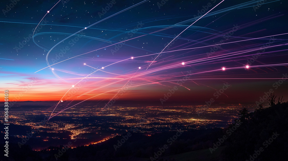 A beautiful sunset over the sea with orange, red, and yellow hues in the sky, as rays of sunlight and lightning illuminate the horizon, transitioning to a dark, starry night with clouds A beautiful sunset over the sea with orange, red, and yellow hues in the sky, as rays of sunlight and lightning illuminate the horizon, transitioning to a dark, starry night with clouds