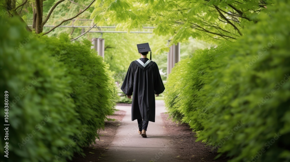 A graduate in a cap and gown strolls down a verdant path, symbolizing new beginnings and the promise of future success amidst nature's beauty. A graduate in a cap and gown strolls down a verdant path, symbolizing new beginnings and the promise of future success amidst nature's beauty.