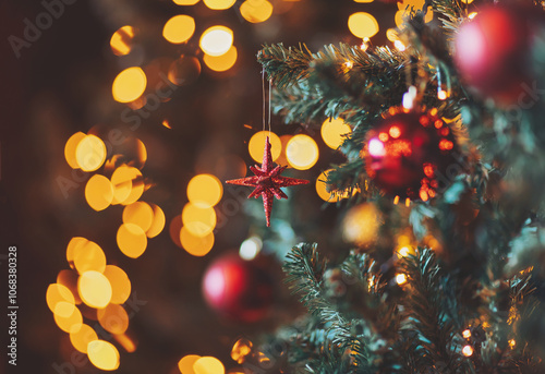 Photos Christmas ball decorate on luxury pine tree branch night light bokeh blurred background scene happy new year