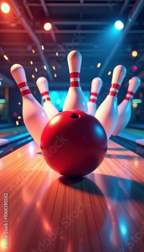 A vibrant and energetic image of a bowling ball striking down pins, capturing the excitement of the game in a lively bowling alley setting.