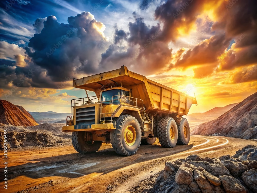 Heavy Mining Truck in Open-Pit Site: Construction Equipment for Soil Transport and Earthmoving Operations, Featuring Off-Highway Haul Dump Truck at Construction Location Heavy Mining Truck in Open-Pit Site: Construction Equipment for Soil Transport and Earthmoving Operations, Featuring Off-Highway Haul Dump Truck at Construction Location