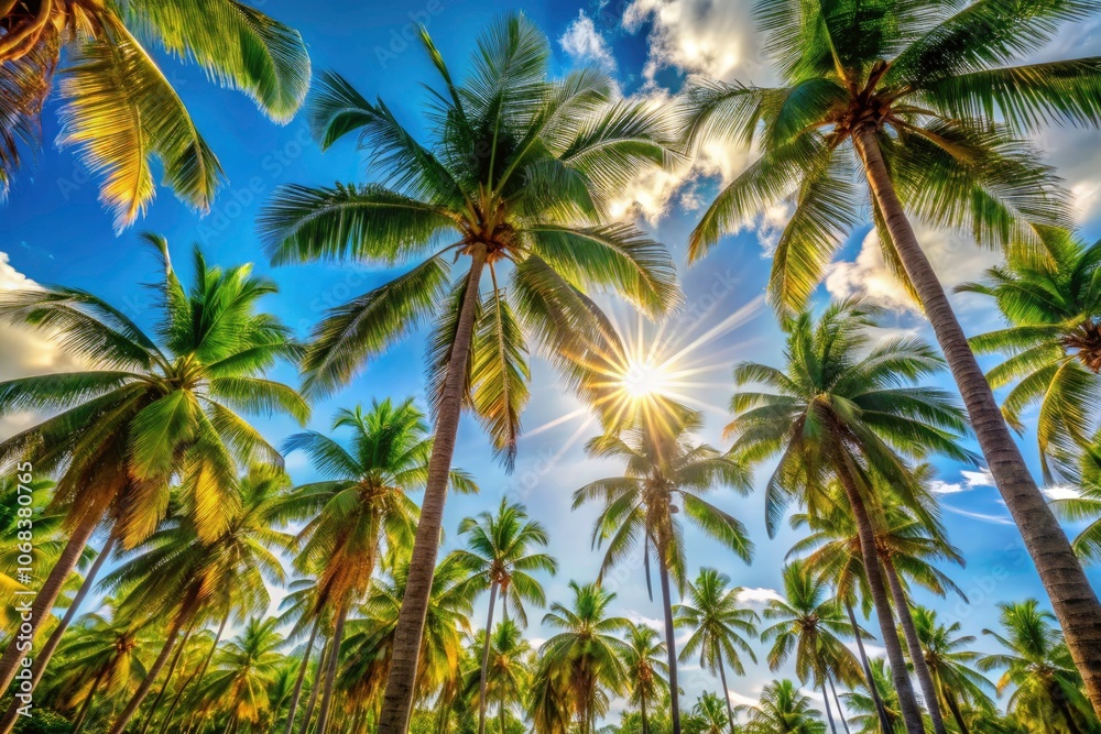 Stunning Palm Trees Silhouetted Against a Bright Blue Sky: A Tropical Paradise Landscape Photography Scene Stunning Palm Trees Silhouetted Against a Bright Blue Sky: A Tropical Paradise Landscape Photography Scene