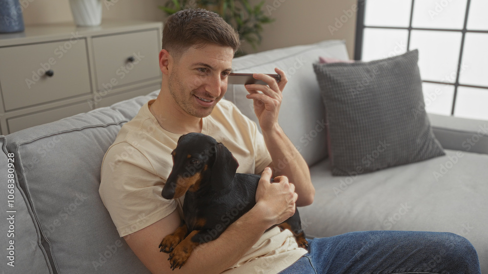 Obraz premium A young hispanic man sits on a living room sofa holding a dachshund dog while listening to a voice message on his smartphone in a cozy indoor home setting.