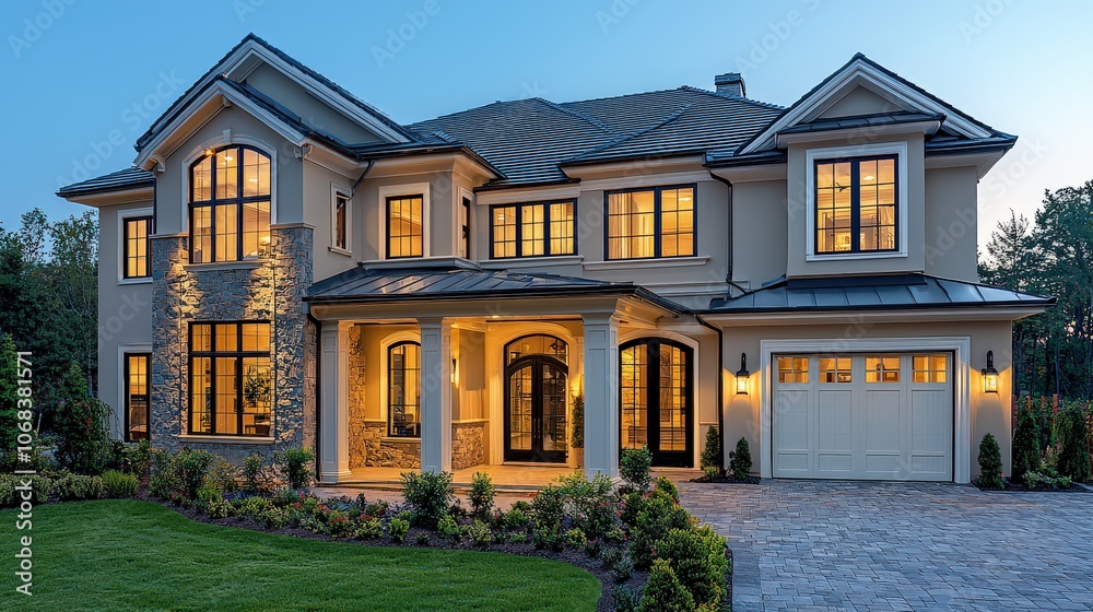 Elegant two-story luxury home with large windows, warm lighting, and manicured landscaping, featuring a grand entrance and refined architectural details in a serene neighborhood setting. Elegant two-story luxury home with large windows, warm lighting, and manicured landscaping, featuring a grand entrance and refined architectural details in a serene neighborhood setting.