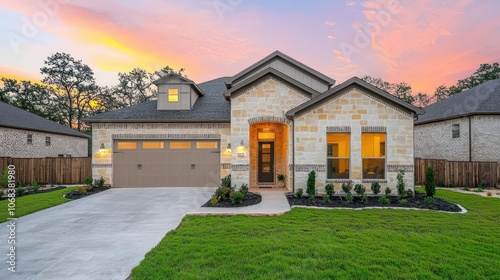 Beautiful single-story suburban home with stone facade, spacious driveway, manicured lawn, and warm lighting at sunset, creating a welcoming and peaceful residential setting.