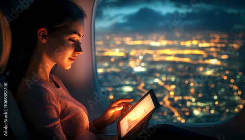 Passenger using tablet in airplane with city lights background photo