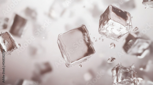 Close-up shot of falling ice cubes, shallow depth of field, macro shot