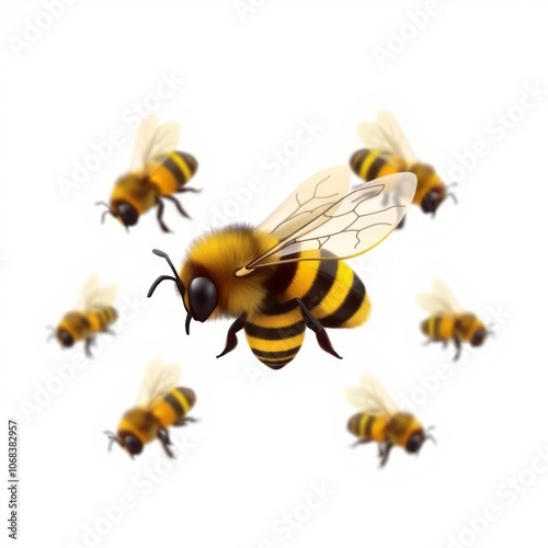 Generative ai illustration side view of small striped bees with transparent wings isolated on white background decoration png Illustration 