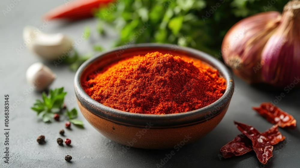 Vibrant Red Spices in Ceramic Bowl on Dark Surface Vibrant Red Spices in Ceramic Bowl on Dark Surface