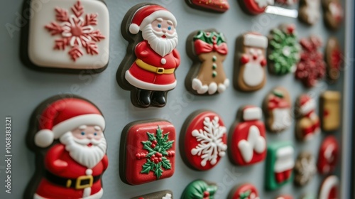 Medium shot of a refrigerator covered in holiday-themed magnets, each with different festive designs like snowflakes, Santa, and gingerbread men.