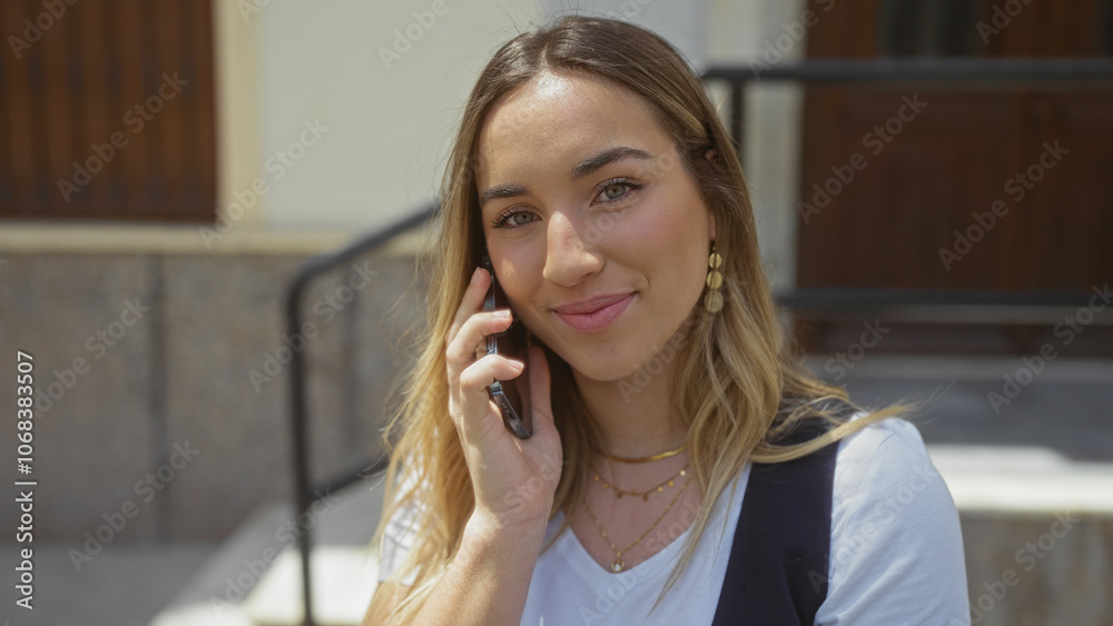 Attractive young blonde woman talking on a smartphone outdoors in an urban street setting, showcasing a pleasant expression and fashionable jewelry. Attractive young blonde woman talking on a smartphone outdoors in an urban street setting, showcasing a pleasant expression and fashionable jewelry.