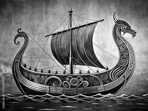 Intricate Black and White Viking Ship Engraving: A Detailed Outline of Norse Maritime Heritage Captured in Candid Photography Style for Artistic and Historical Exploration photo