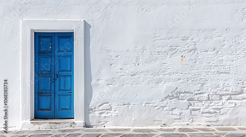 Blue wooden door on a white wall in Chefchaouen, Morocco