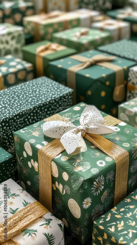 Beautifully wrapped green gifts with floral patterns on a dark background for festive occasions Beautifully wrapped green gifts with floral patterns on a dark background for festive occasions