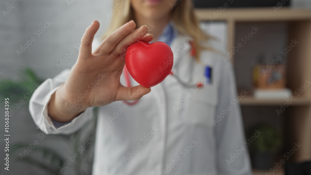 A young female doctor holding a red heart in her hand in a clinic setting, emphasizing healthcare and wellness concepts. A young female doctor holding a red heart in her hand in a clinic setting, emphasizing healthcare and wellness concepts.