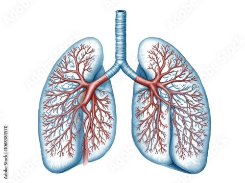 Detailed illustration of human lungs showing bronchial tree structure and blood vessels in a healthcare educational setting photo