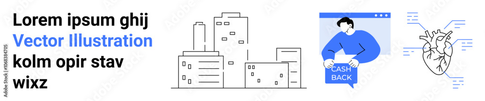 Text blocks, black and white cityscape buildings, person holding Cash Back sign in blue, anatomical heart diagram with labels. Ideal for financial, medical, educational, healthcare, urban planning