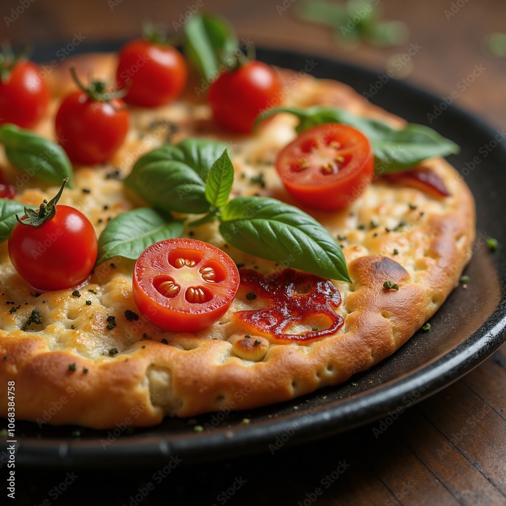 Delicious Focaccia Bread with Fresh Tomatoes and Basil in Rustic Setting Delicious Focaccia Bread with Fresh Tomatoes and Basil in Rustic Setting