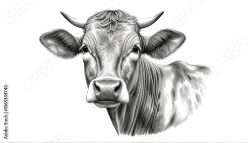 Realistic black and white drawing of a cow highlighting its features and expressions against a plain background