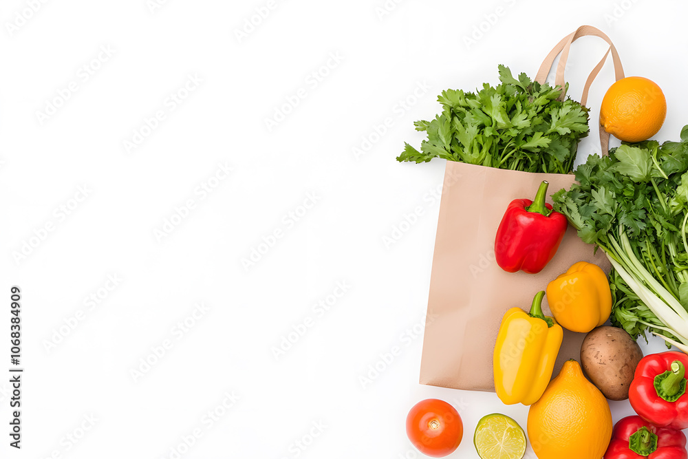 Eco bag of groceries isolated on white background. Bag containing fresh fruits and vegetables Eco bag of groceries isolated on white background. Bag containing fresh fruits and vegetables