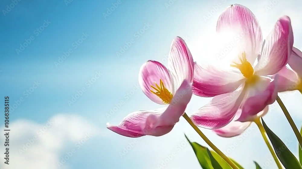 Fototapeta premium Pink Tulips Against Blue Sky.