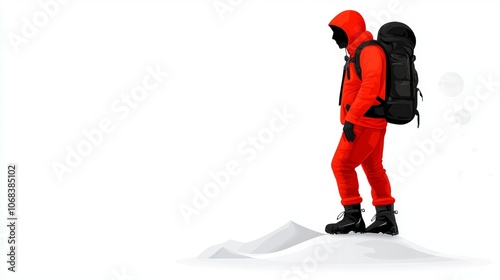 Climber in Red Outfit on Snowy Mountain Peak Winter Expedition