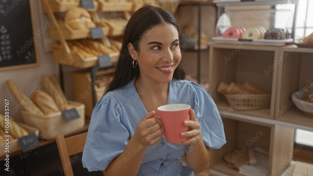 Woman drinking coffee in bakery shop smiling surrounded by bread shelves with pastries in cozy indoor setting Woman drinking coffee in bakery shop smiling surrounded by bread shelves with pastries in cozy indoor setting