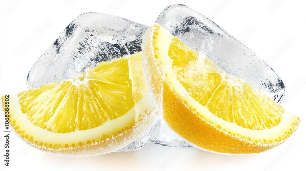 Fresh lemon slices beside ice cubes, ideal for refreshing drinks. Fresh lemon slices beside ice cubes, ideal for refreshing drinks.