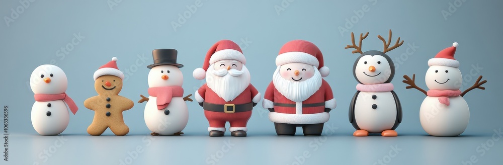 Charming 3D Christmas illustration featuring Santa, snowmen, gingerbread man, and festive bear Charming 3D Christmas illustration featuring Santa, snowmen, gingerbread man, and festive bear