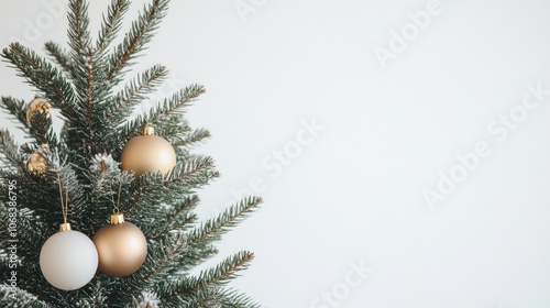 Minimalistic Christmas tree with Scandinavian-style ornaments, set against a white background with room for holiday copy.