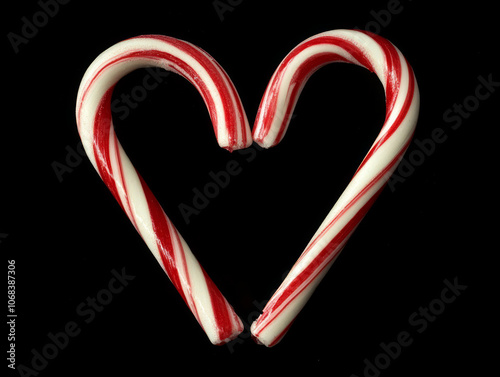 Two red and white candy canes crossed to form a heart shape, representing love and holiday cheer