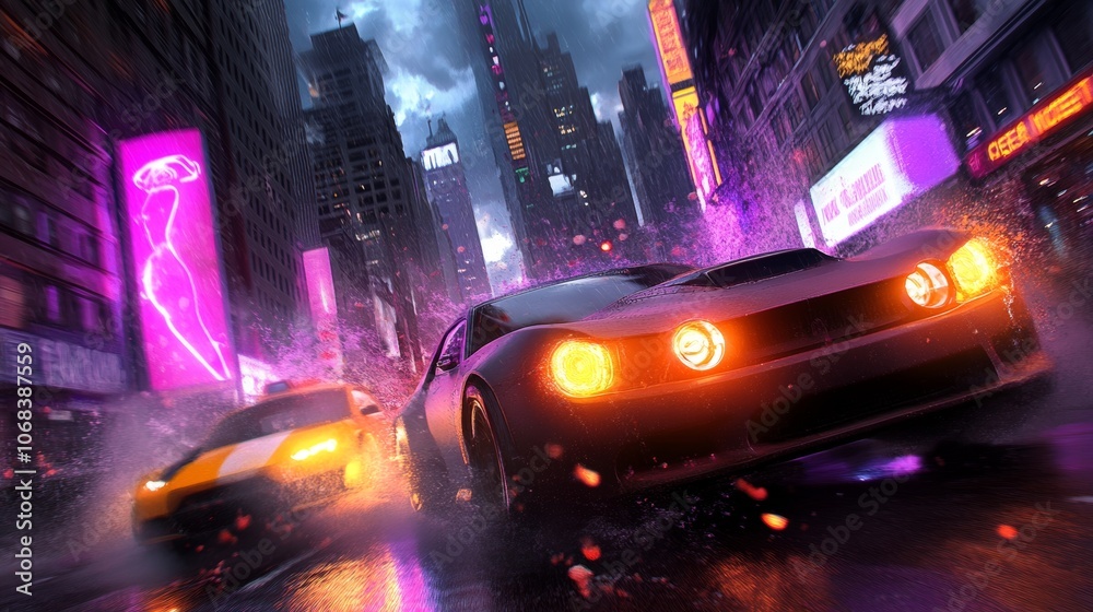 Cyberpunk City Night Race Futuristic Cars Neon Lights Rain Cyberpunk City Night Race Futuristic Cars Neon Lights Rain