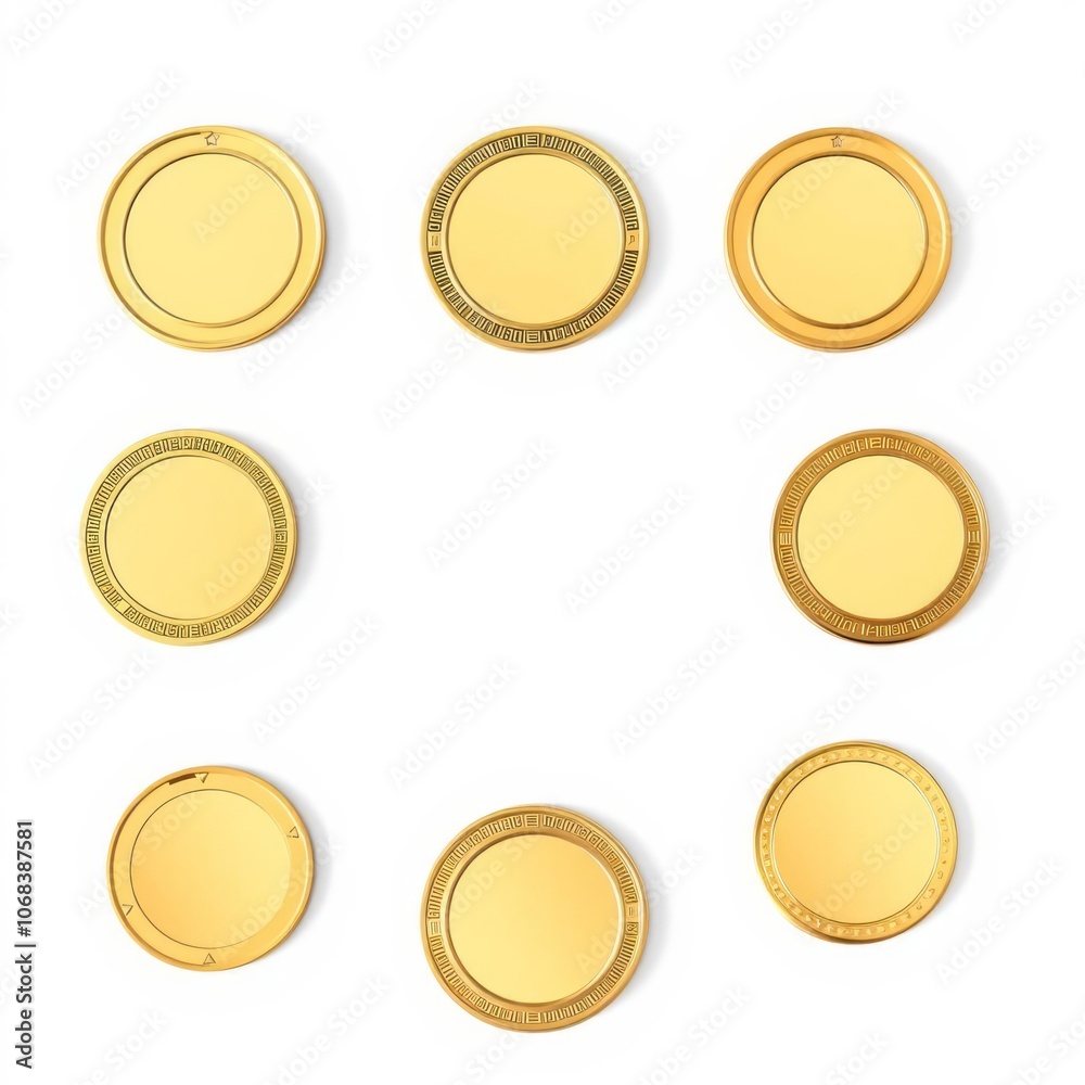 Set of realistic blank golden coins or medals isolated on white empty metallic token template decoration png Illustration Set of realistic blank golden coins or medals isolated on white empty metallic token template decoration png Illustration