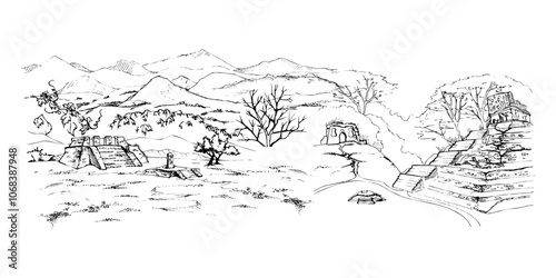 Scenery landscape of mountains, Mesoamerican Aztec pyramid ruins, pasture land trees vista hand drawn in ink, isolated on white. Illustration for tourism, resort ads, hiking camping sites, vacation.