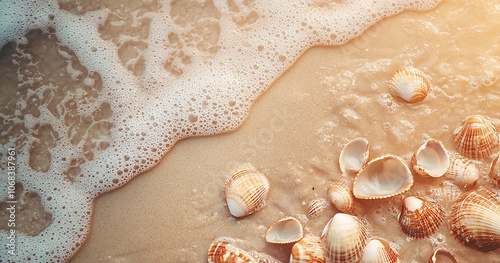 seashells on the sand beach, holiday concept