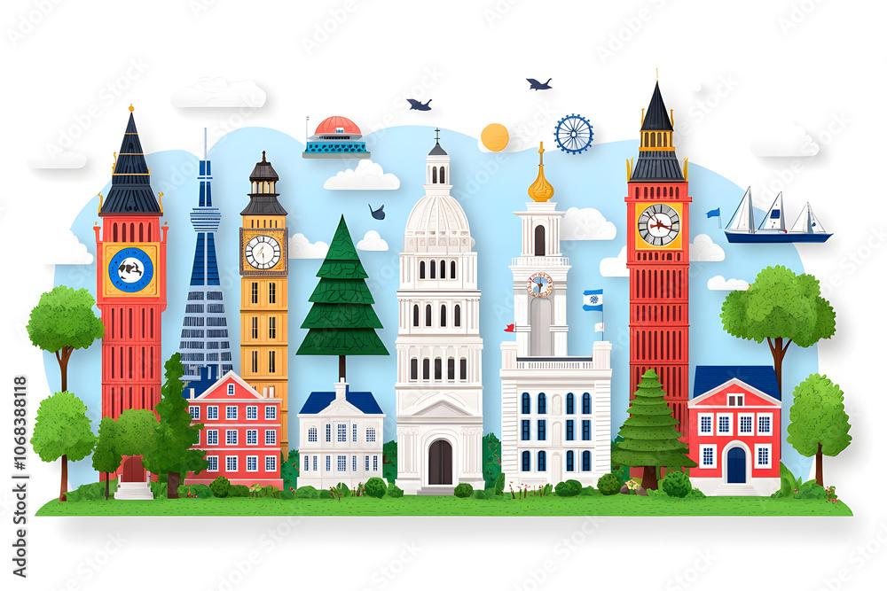 Naklejka premium Famous European city landmarks, hand-drawn flat style illustration, isolated on white background