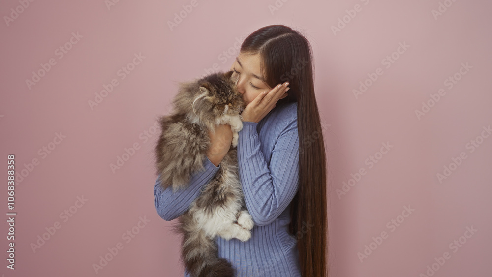 A young chinese woman cuddles her furry cat against a pink background, showcasing a loving and tender bond between the pet and owner. A young chinese woman cuddles her furry cat against a pink background, showcasing a loving and tender bond between the pet and owner.