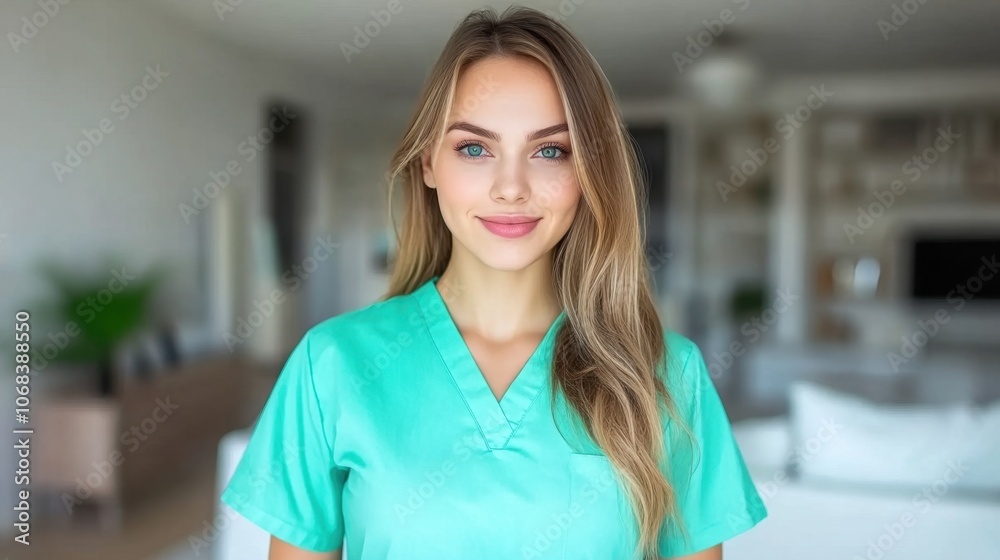 Radiologist in Mint Scrubs in Modern Living Space Radiologist in Mint Scrubs in Modern Living Space