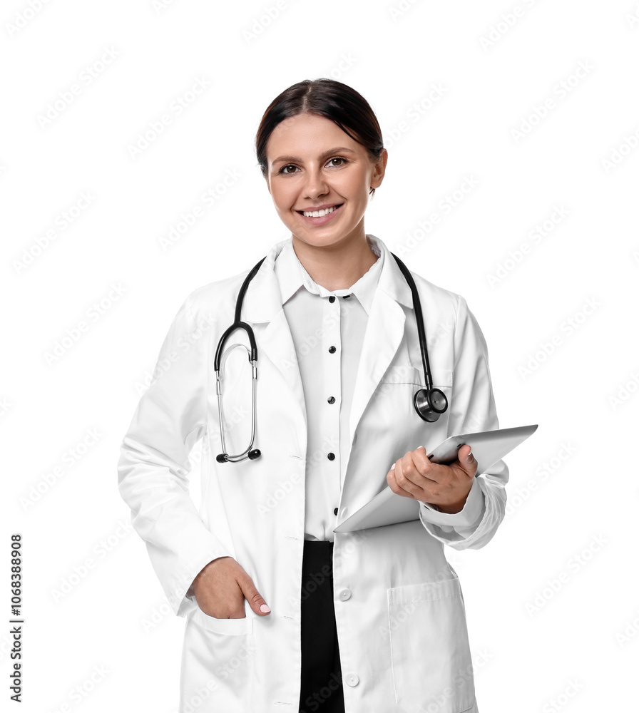 Smiling healthcare worker with stethoscope and tablet on white background Smiling healthcare worker with stethoscope and tablet on white background