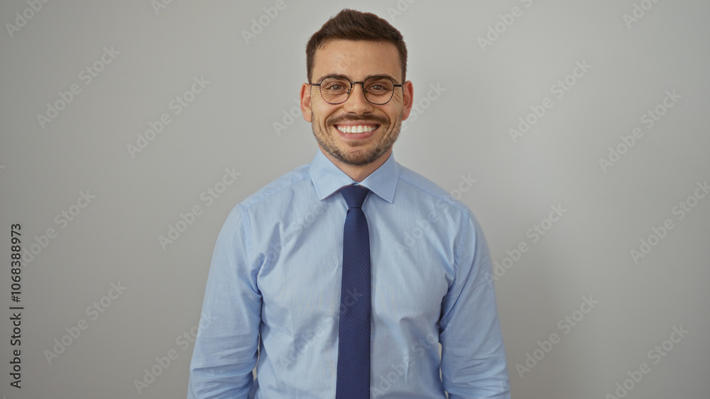 Handsome young hispanic man with a beard and glasses in a blue shirt and tie, smiling confidently against an isolated white wall background. Handsome young hispanic man with a beard and glasses in a blue shirt and tie, smiling confidently against an isolated white wall background.